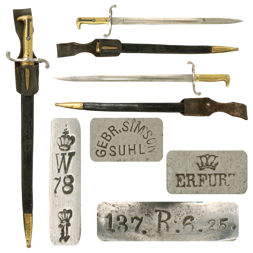 Original German M1871 Brass Hilt Mauser Rifle Bayonet with Scabbard by Gebruder Simson in Suhl & Assembled at Erfurt in Scabbard & Leather Frog - Dated 1878 Original Items