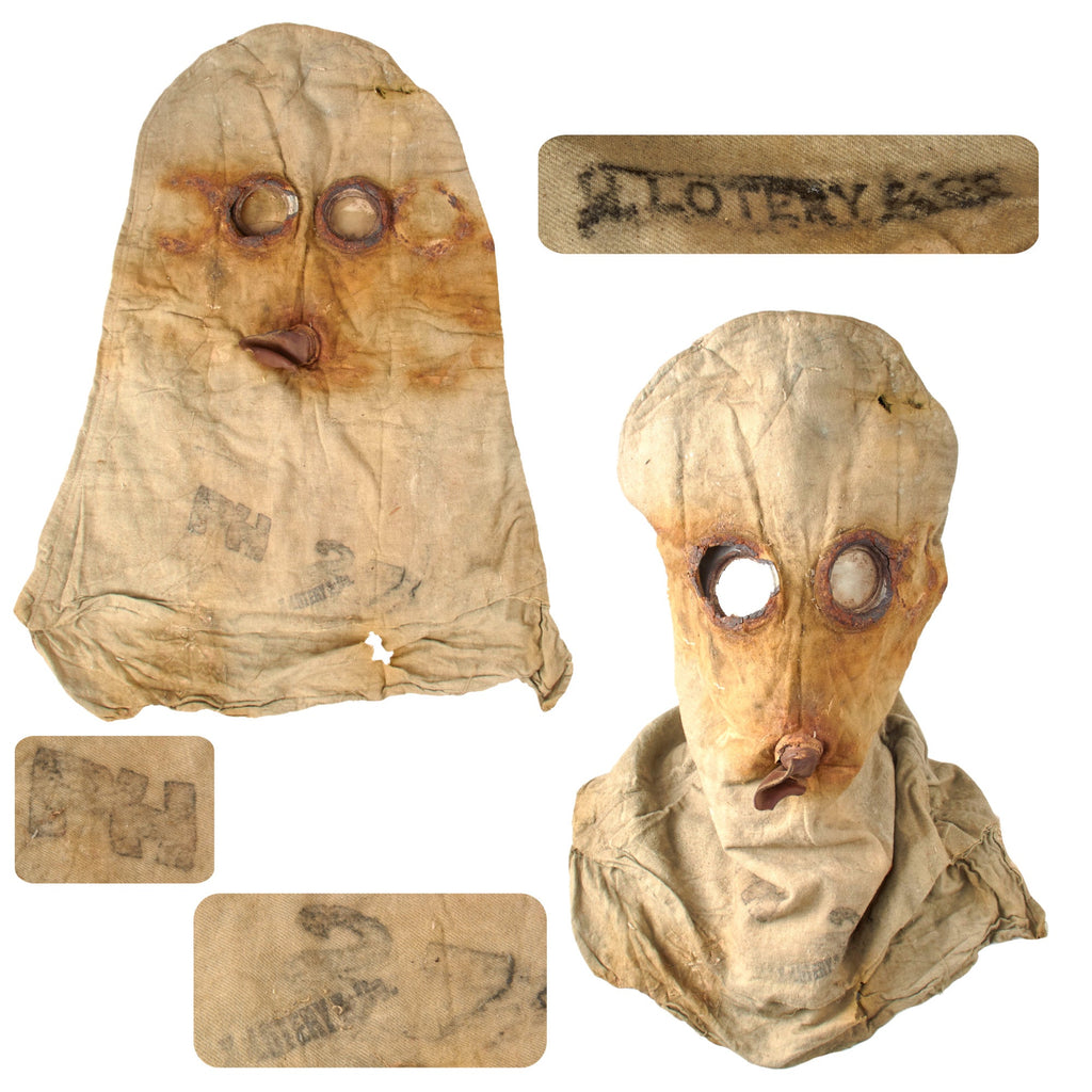 Original British WWI Extremely Scarce Early 1915 PH Helmet Gas Mask Hood with Markings and Valve by H. Lottery & Co. Original Items