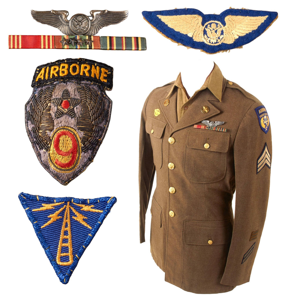 Original U.S. WWII 9th Air Force Airborne Troop Carrier Communications Specialist Uniform Jacket & Shirt with Aircrew Wings and Bullion Patch Original Items