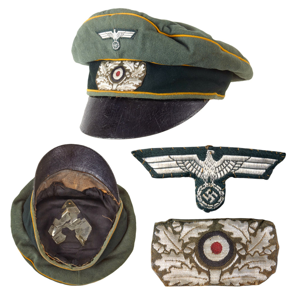 Original German WWII Heer Army Cavalry Officer Schirmmütze Visor Crush Cap with Leather Brim - Missing Sweatband Original Items