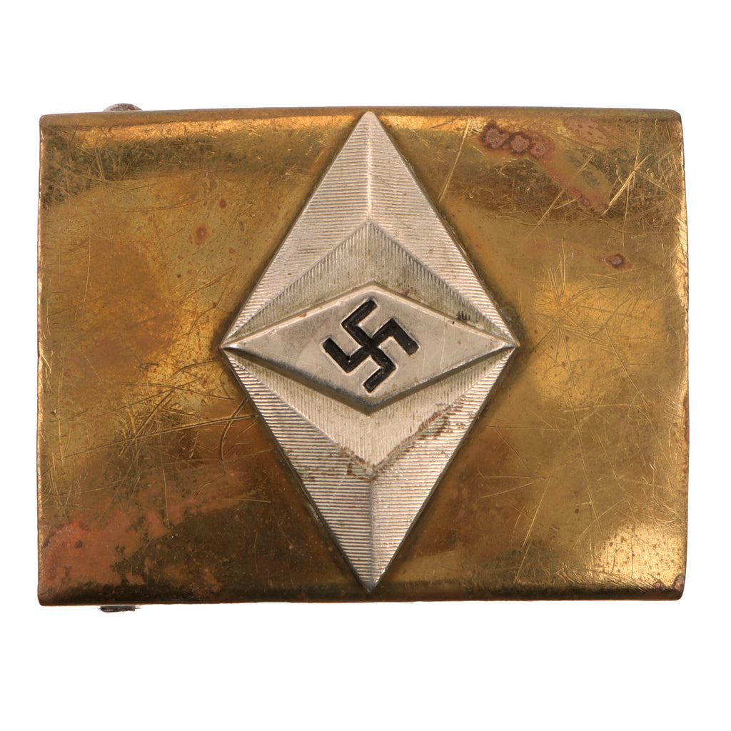 Original German Pre-WWII Early 1932-1934 Pattern HJ National Youth Association Brass Belt Buckle with Nickel Alloy Diamond Insignia