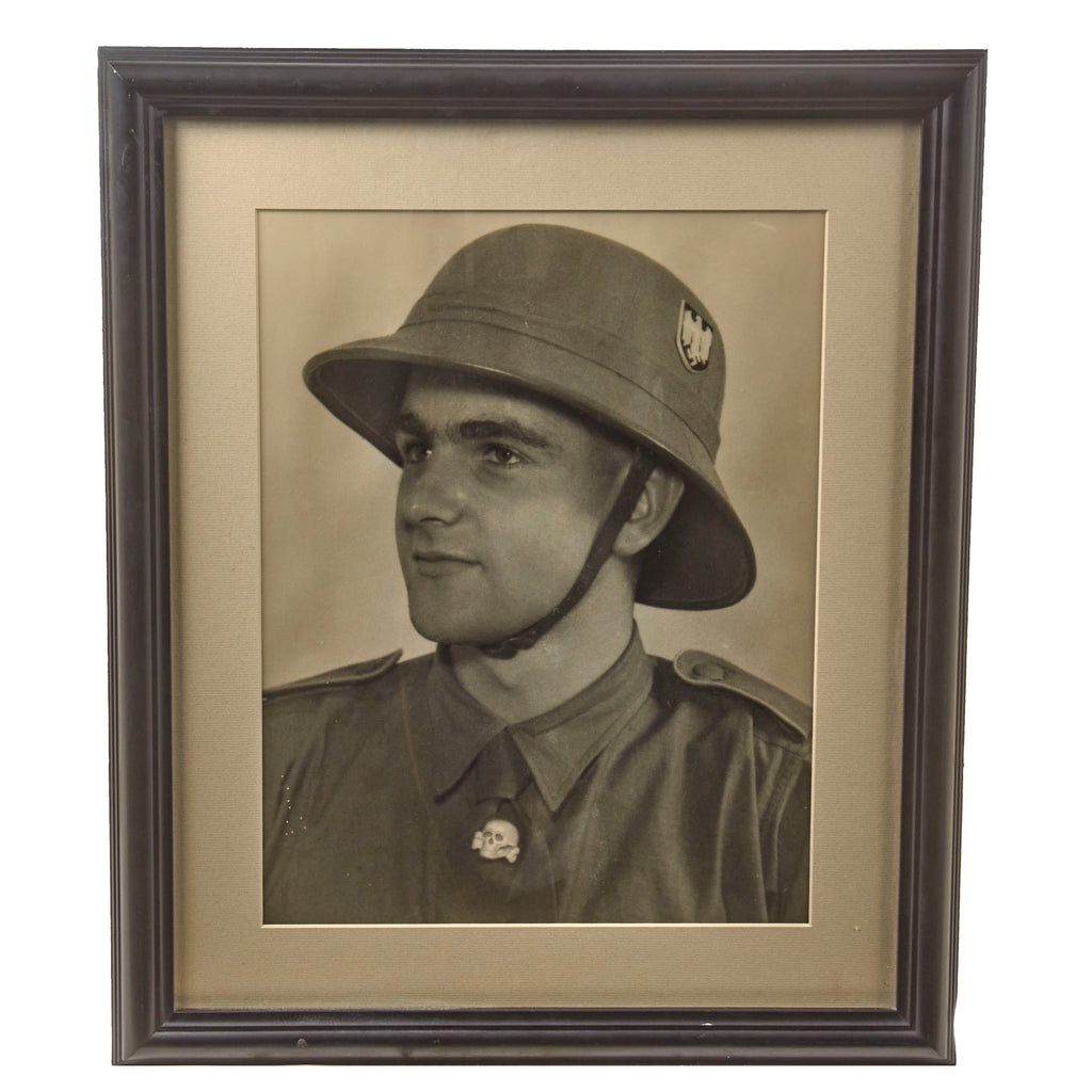 Original German WWII Framed Large Size Photograph of Afrikakorps Soldier with 2nd Pattern DAK Sun Helmet Helmet & SS Skull on Tie - 17⅛ x 20⅛”