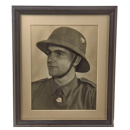 Original German WWII Framed Large Size Photograph of Afrikakorps Soldier with 2nd Pattern DAK Sun Helmet Helmet & SS Skull on Tie - 17⅛ x 20⅛”