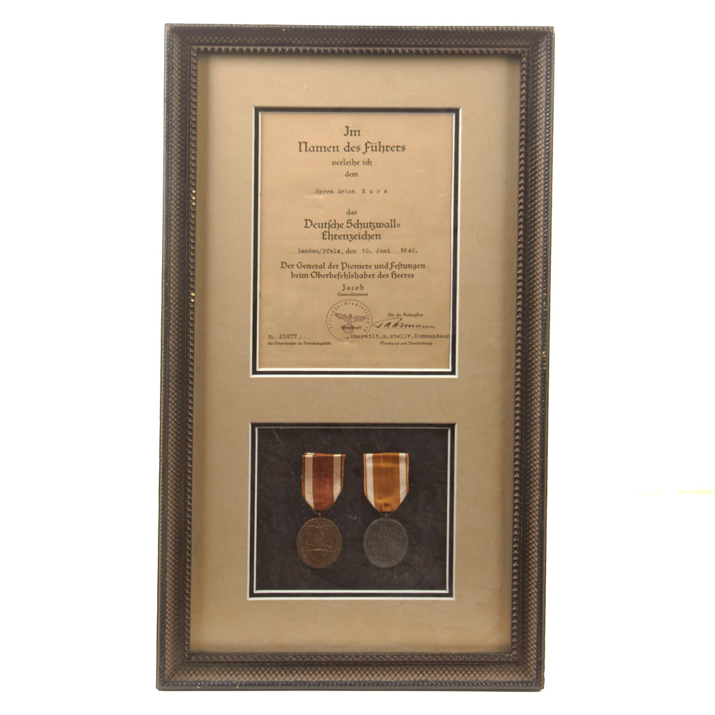 Original German WWII Framed West Wall Medal Group with 1940 Award Document to Erich Kurz and Two Medals - 11" x 21"