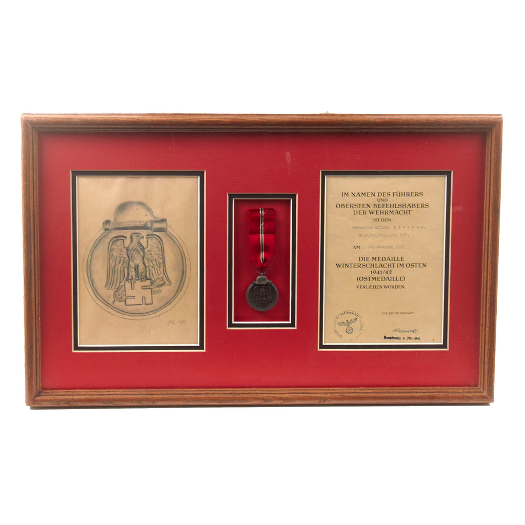 Original German WWII Russian Front Ostmedaille with Named Award Document to Alfred Lechner, Kraftwagen-Transport-Abteilung 567 & Pencil Artwork - Modern Custom Framed - 21” x 13”
