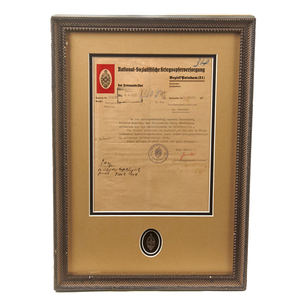Original German Pre-WWII Framed 1935 NSKOV Employment Document for War Veteran Wilhelm Blessin with Membership Badge, 13" x 18 1/2" Original Items