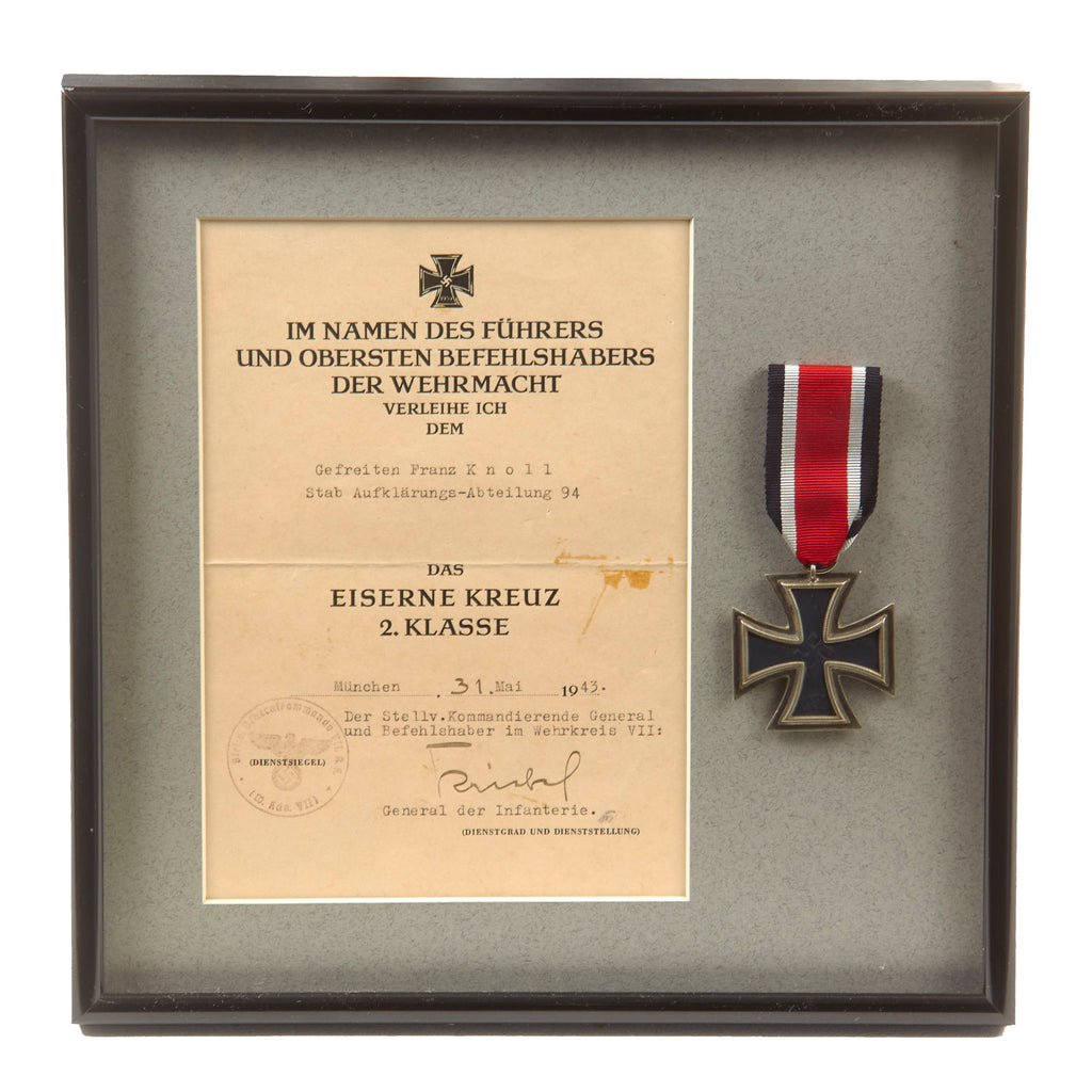 Original German WWII 1939 Iron Cross 2nd Class EKII with Named Award Document to Aufklärungs-Abteilung 94 - Modern Custom Framed - 10 ½” x 10 ½”