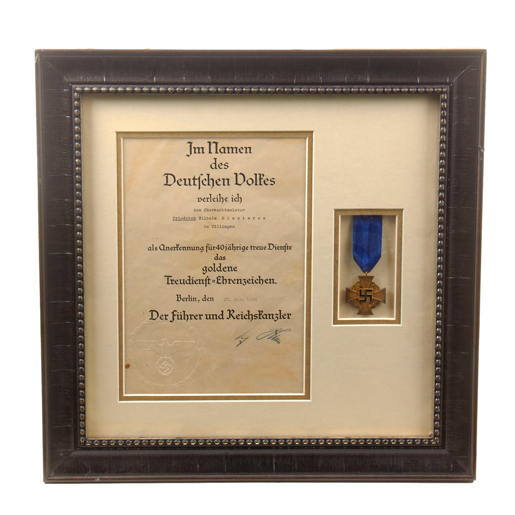 Original German WWII Framed 40-Year Gold Faithful Service Decoration with Named Award Document to Oberwachtmeister Friedrich Wilhelm Riesterer - Dated 1939 - 18” x 18”