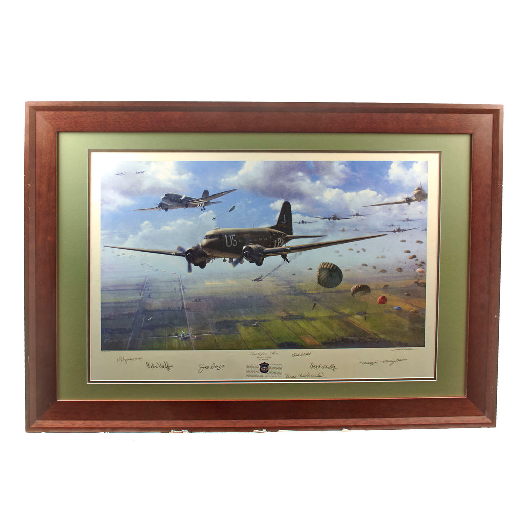 Original Signed Limited Edition Print: Framed “Angels from Above: Market Garden” by Matt Hall Signed by Seven Market Garden Veterans - VE 116/220 - 29 x 41”