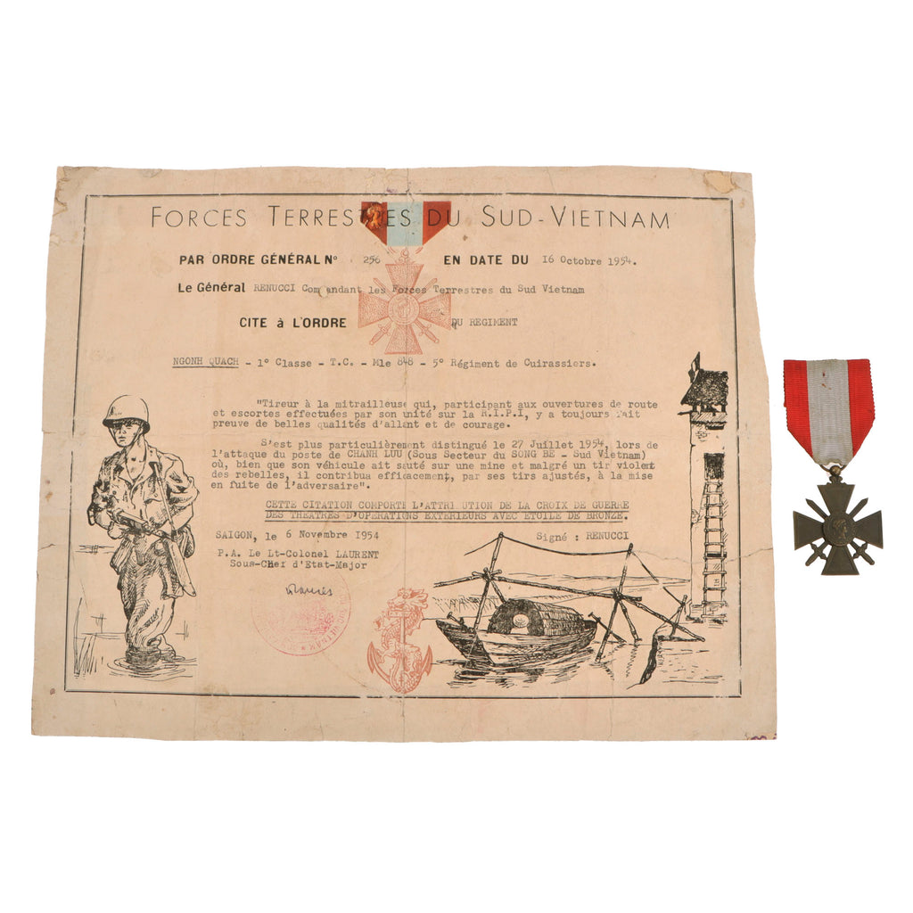 Original French First Indochina War Croix de Guerre T.O.E. with 1954 South Vietnam Forces Citation to Vietnamese Soldier NGONH QUACH - 5th Cuirassiers - Bronze Star Missing Original Items