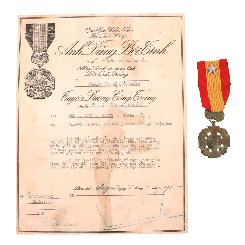 Original State of Vietnam First Indochina War Gallantry Cross Medal with 1953 Citation Certificate Named to Lieutenant Deo-Van-Chung