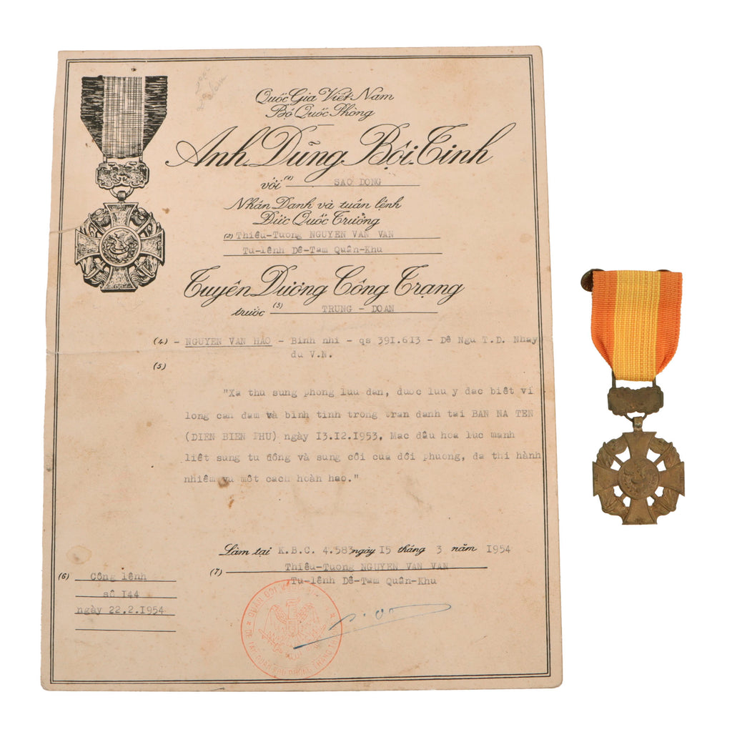 Original State of Vietnam First Indochina War 1st Airborne Battalion Gallantry Cross Medal with 1953 Citation Certificate Named to Private Nguyen Van Hao Original Items