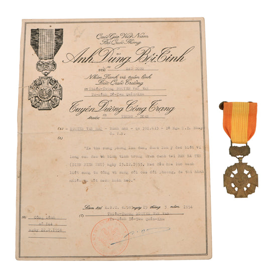 Original State of Vietnam First Indochina War 1st Airborne Battalion Gallantry Cross Medal with 1953 Citation Certificate Named to Private Nguyen Van Hao Original Items