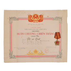 Original North Vietnamese First Indochina War Victory Medal 3rd Class with Named Certificate - 14 ½ x 17 ¾”