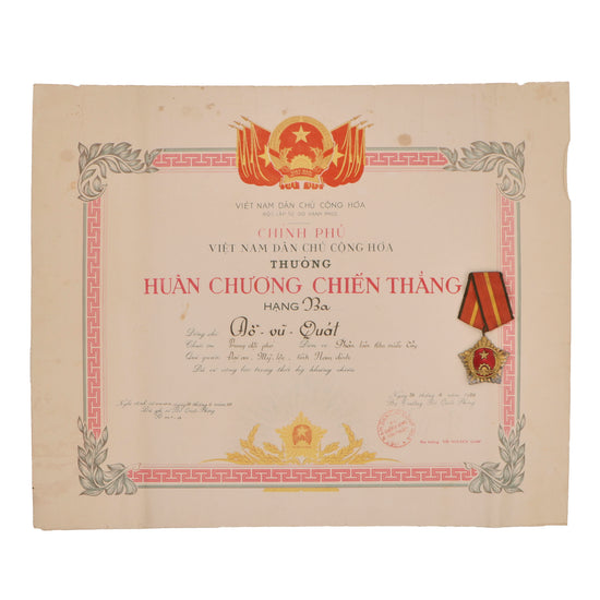 Original North Vietnamese First Indochina War Victory Medal 3rd Class with Named Certificate - 14 ½ x 17 ¾” Original Items
