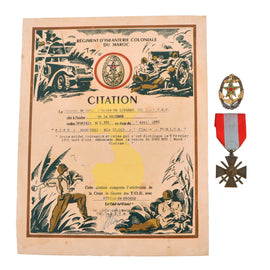 Original French First Indochina War RICM Regiment d’Infanterie Coloniale du Maroc Citation Document with RICM Badge & Foreign Operation Theatres Croix de Guerre
