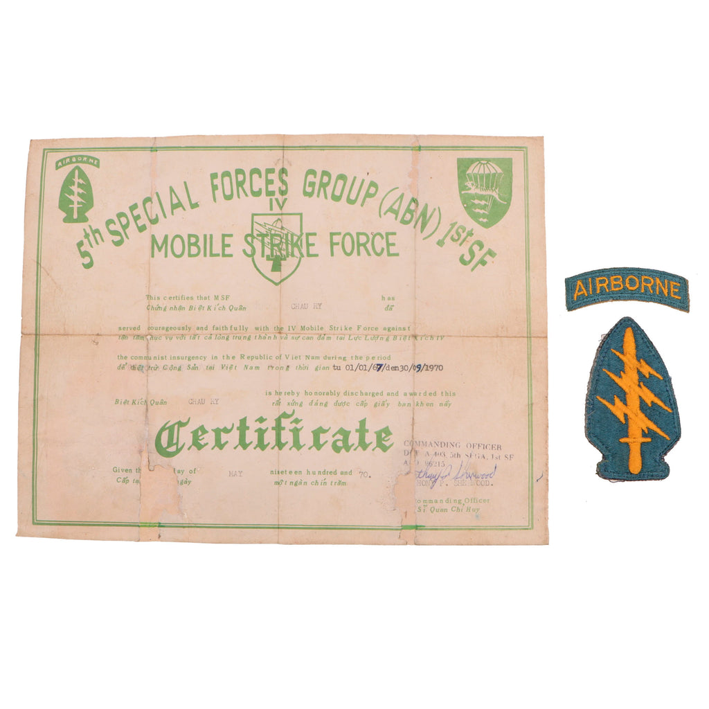 Original U.S. Vietnam War 5th SFG ABN Mobile Strike Force Certificate and Patch Group Named to Vietnamese Soldier - Chau Ry