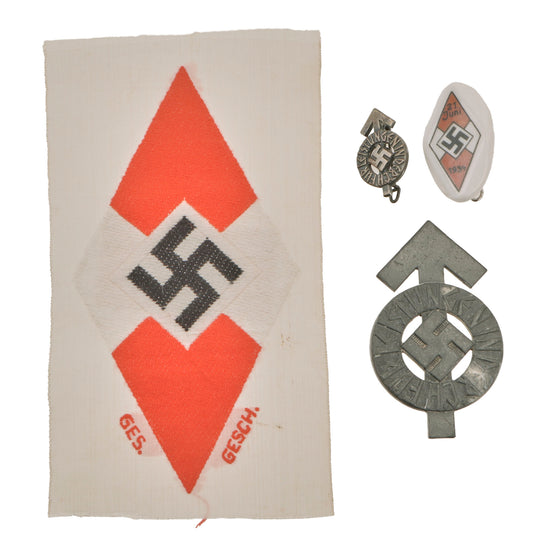 Original German 1930s-WWII HJ Proficiency Badge, Miniature, 1934 Porcelain Event Pin & RZM Cloth Sports Insignia Lot