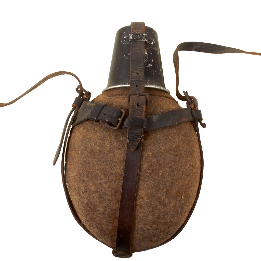 Original German WWII Large 1-Liter M31 Medic Labeflasche Canteen with MN 38-Marked Aluminum Cup & Shoulder Strap