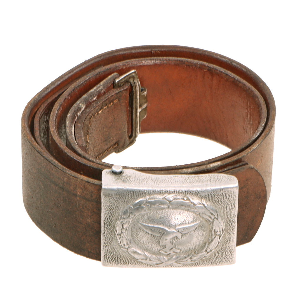Original German Pre-WWII Luftwaffe EM/NCO Brown Leather Belt by Carl Hepting & Co. with Early Droop Tail Eagle Aluminum Buckle, Dated 1937 Original Items