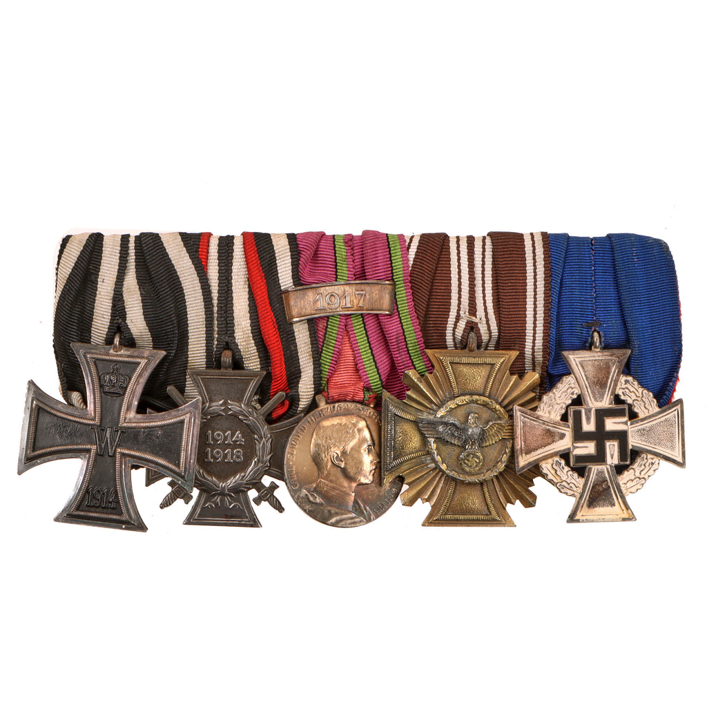 Original German WWI - WWII Medal Bar with Iron Cross, Duke Carl Eduard Medal, NSDAP Party Long Service Award, and 25 Year Civil Service Medal, 5 Awards Original Items