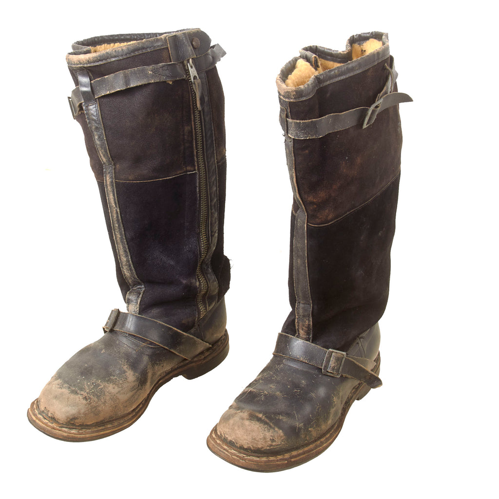 Original German WWII Luftwaffe Mismatches Pair of Fleece-Lined Leather Pilot Flying Boots with Tearing