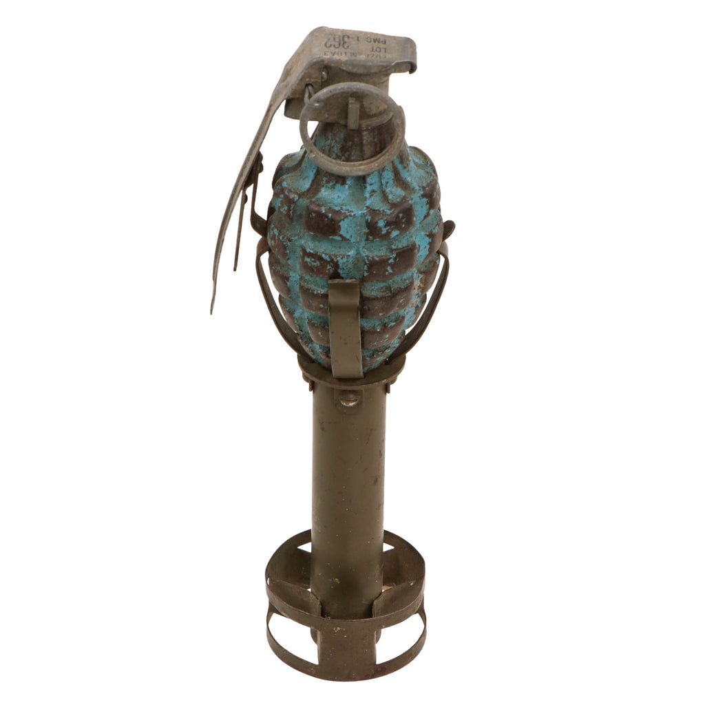Original U.S. WWII Inert MkII Blue Pineapple Practice Grenade in 1945-Dated M1 Rifle Grenade Adapter