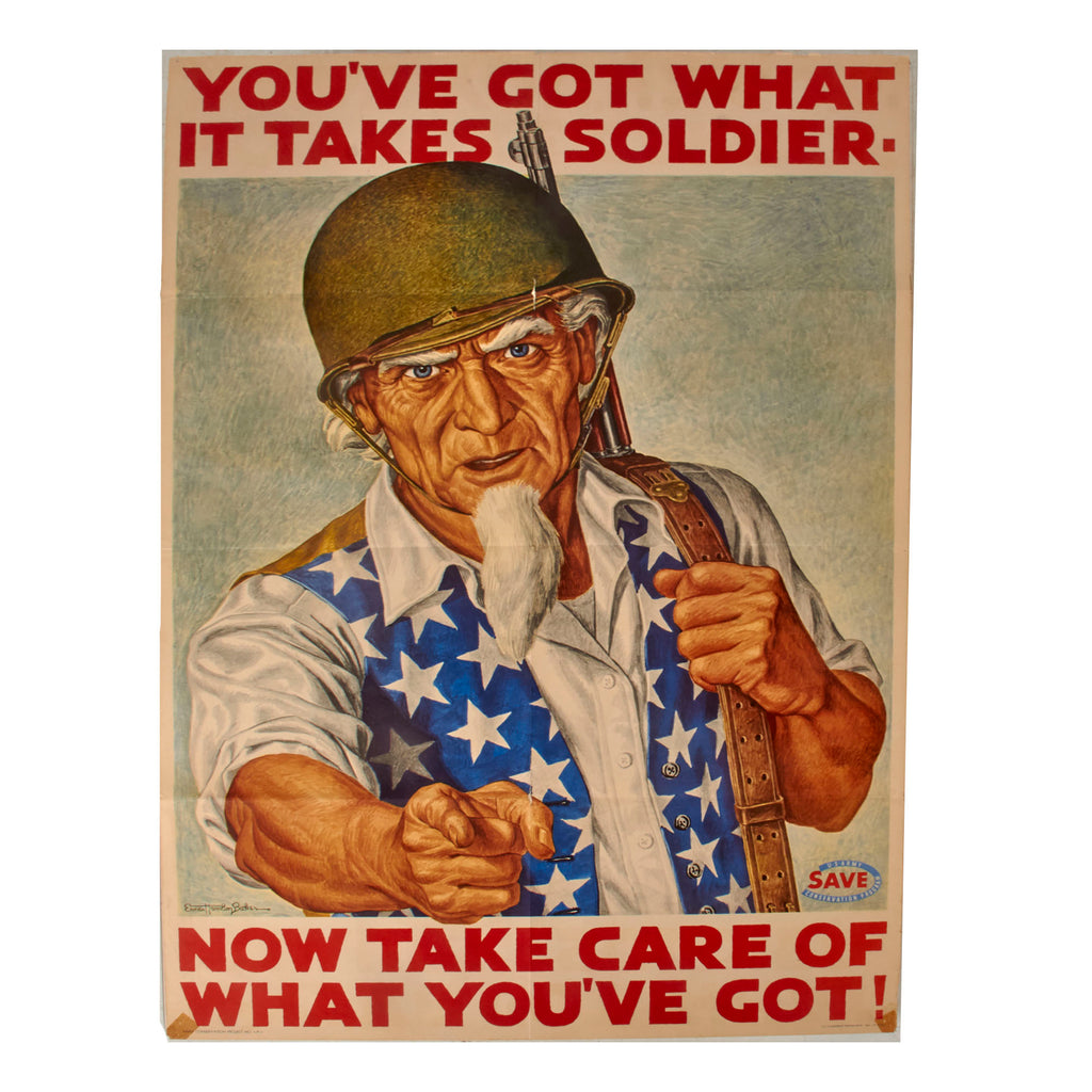 Original U.S. WWII Uncle Sam “Now Take Care of What You’ve Got!” Equipment Conservation Poster with Instructions to Display in Barracks - 24 x 36”