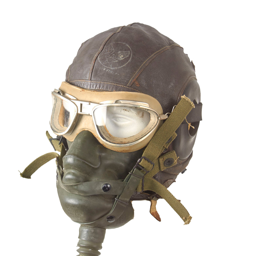 Original U.S. WWII USAAF Aviator Flight Helmet Set - AN6530 Goggles, A-11 Helmet, & Type A-14 Oxygen Mask