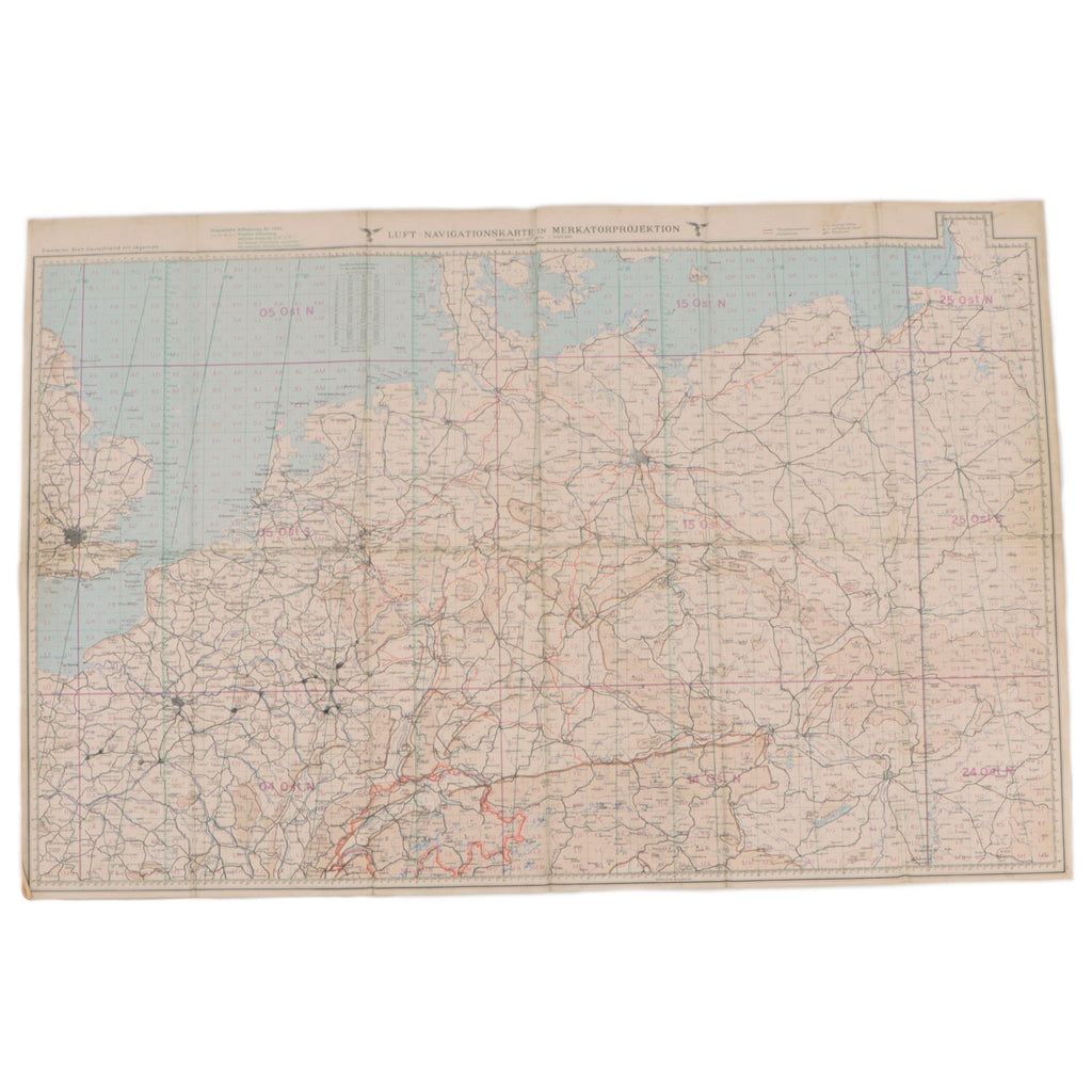 Original German WWII Luftwaffe 1942 Luft-Navigationskarte in Merkatorprojektion “Erweitertes Blatt Deutschland mit Jägernetz” Cloth Navigation Map, 34" x 22 1/4" Original Items