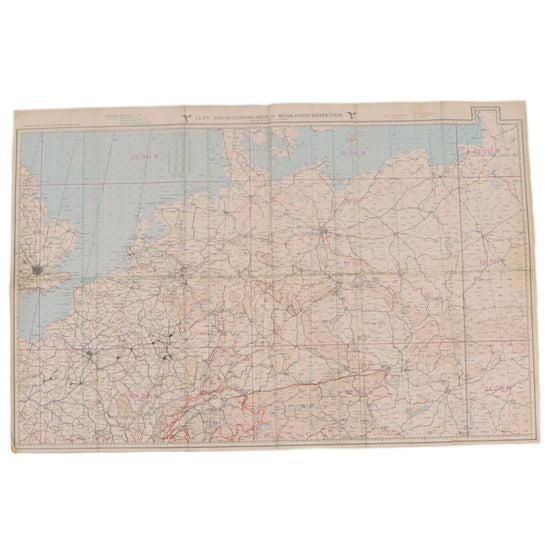 Original German WWII Luftwaffe 1942 Luft-Navigationskarte in Merkatorprojektion “Erweitertes Blatt Deutschland mit Jägernetz” Cloth Navigation Map, 34" x 22 1/4" Original Items