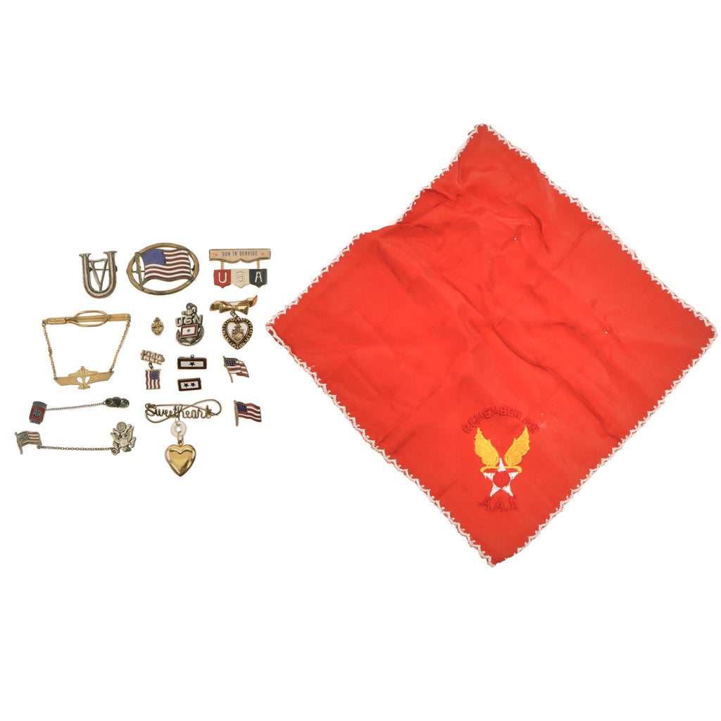 Original U.S. WWII Army, Navy, & Homefront Sweetheart Pin Jewelry Lot with AAF Handkerchief