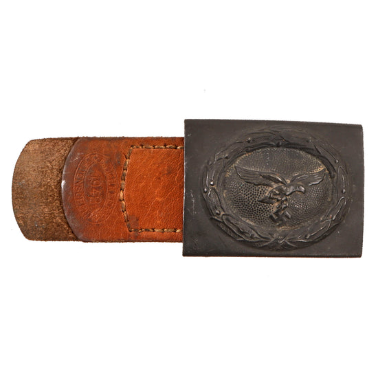 Original German WWII Luftwaffe Steel Belt Buckle by E. Schneider of Lüdenscheid with Leather Tab, dated 1942