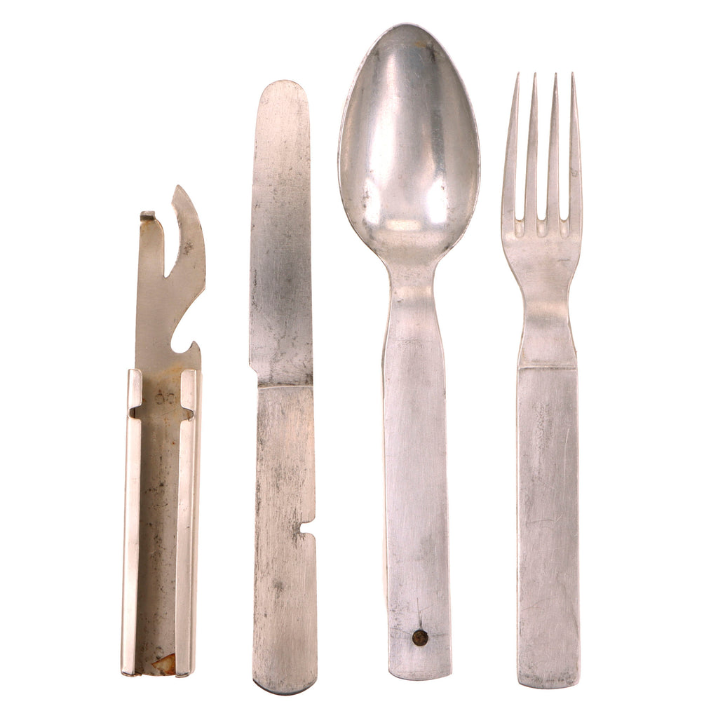 Original German WWII Mess Kit Utensil Set with Knife, Fork, Spoon and Can Opener, Mixed 1943 Dated Components Original Items