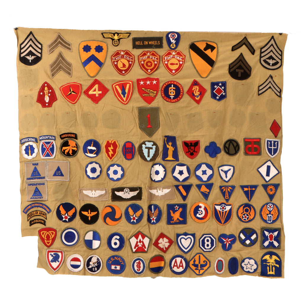 Original U.S. WWII Army, Navy & USMC 92-Patch Souvenir Blanket Section with German Kriegsmarine NCO Breast Eagle - 32 x 35”
