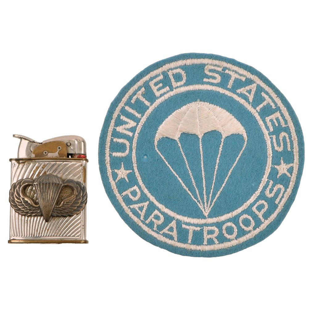 Original U.S. WWII United States Paratroops Pocket Patch and Airborne Lighter with Attached Parachute Wings by Evans Original Items