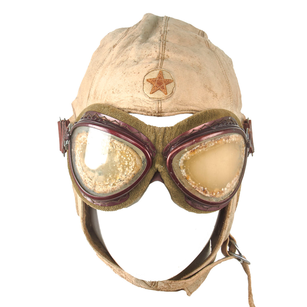 Original Japanese WWII Leather Winter Flying Helmet with Pilot’s Cat-Eye Goggles Original Items