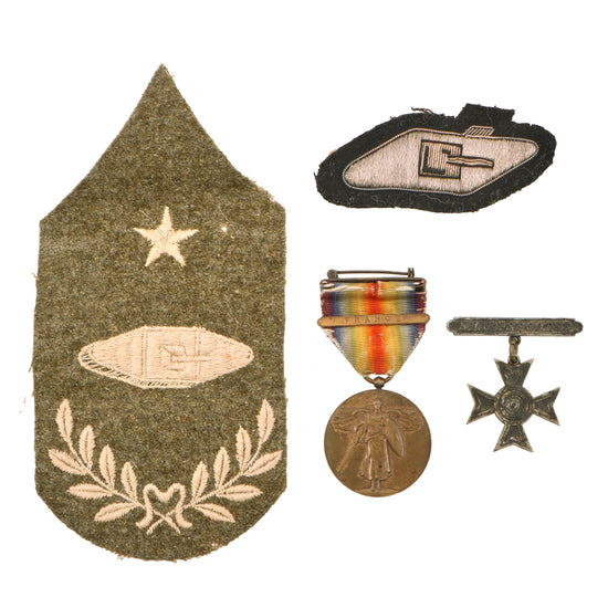 Original U.S. WWI Tank Corps Insignia Group with Rare British Bullion Tank Badge & Senior Master Tank Mechanic Rank Badge