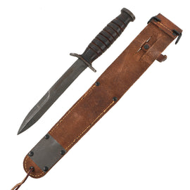 Original U.S. WWII Second Pattern Blade Marked M3 Fighting Knife by UTICA Cutlery Co. with Reproduction M6 Leather Scabbard