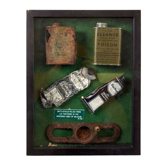 Original U.S. WWII Framed Case of Battlefield Relics from U.S. Positions at Ardennes Recovered in 1982 - 11 x 14 x 2½” Original Items