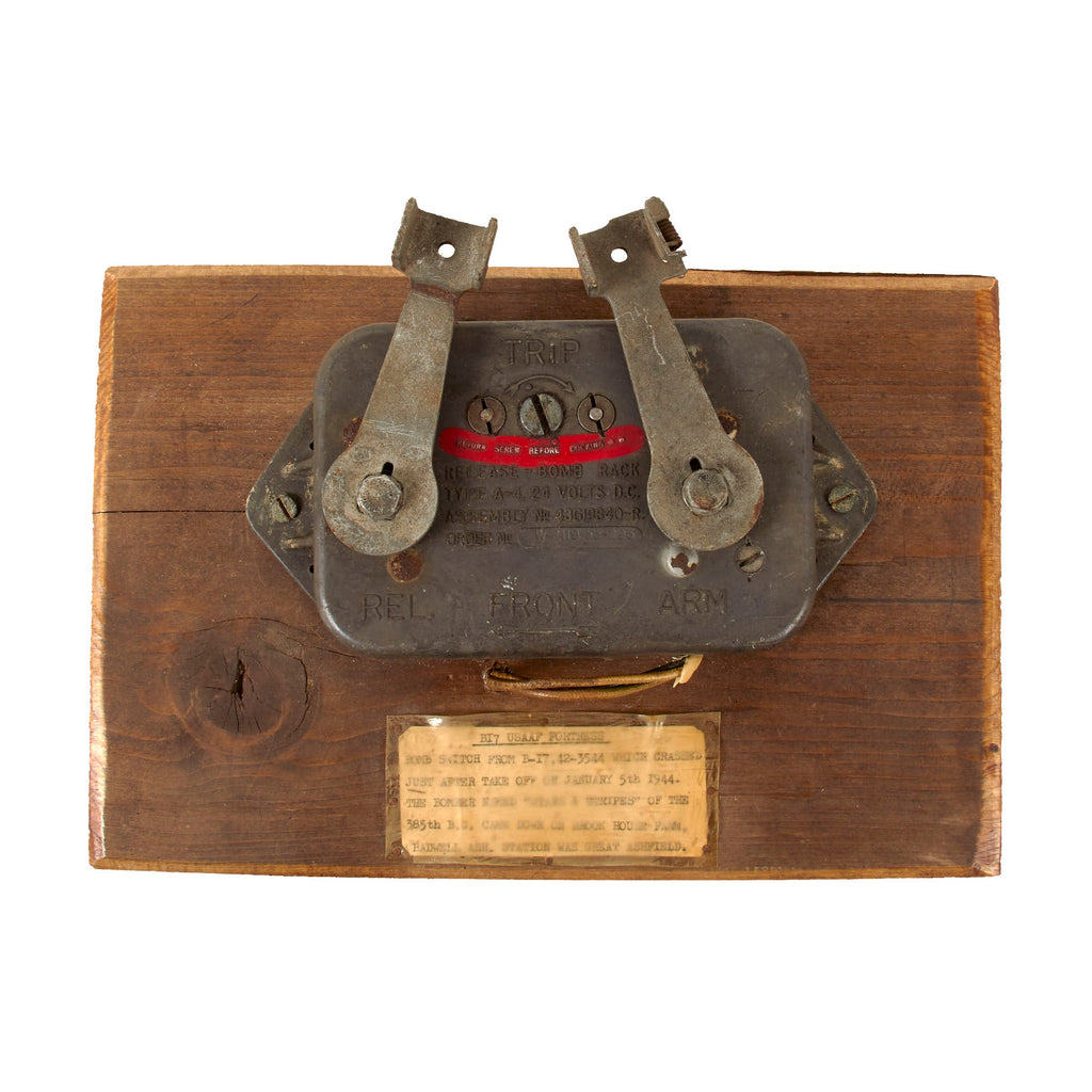 Original U.S. WWII B-17 42-3544 “Stars and Stripes” Recovered Bomb Switch on Period Mount with Provenance Note - Crashed January 5th, 1944 Original Items