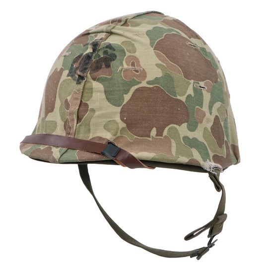 Original U.S. WWII / Korean War USMC Front Seam Fixed Bale M1 Helmet with Refurbished CAPAC Liner and USMC Cover With Stenciled Eagle, Globe and Anchor - Complete Original Items