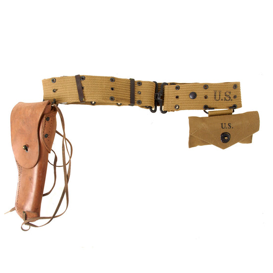 Original U.S. WWII Officer’s Pistol Rig - M1936 Pistol Belt, M1911 Holster by Warren Leather Goods, & M1942 First Aid Pouch with Carlisle Bandage and Sulfanilamide Original Items