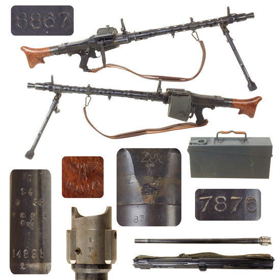 Original German WWII MG 34 Display Machine Gun Serial 7876 with Belt Carrier, Barrel in Carrier, Ammo Box, and Two Belts of Inert Ammo Original Items