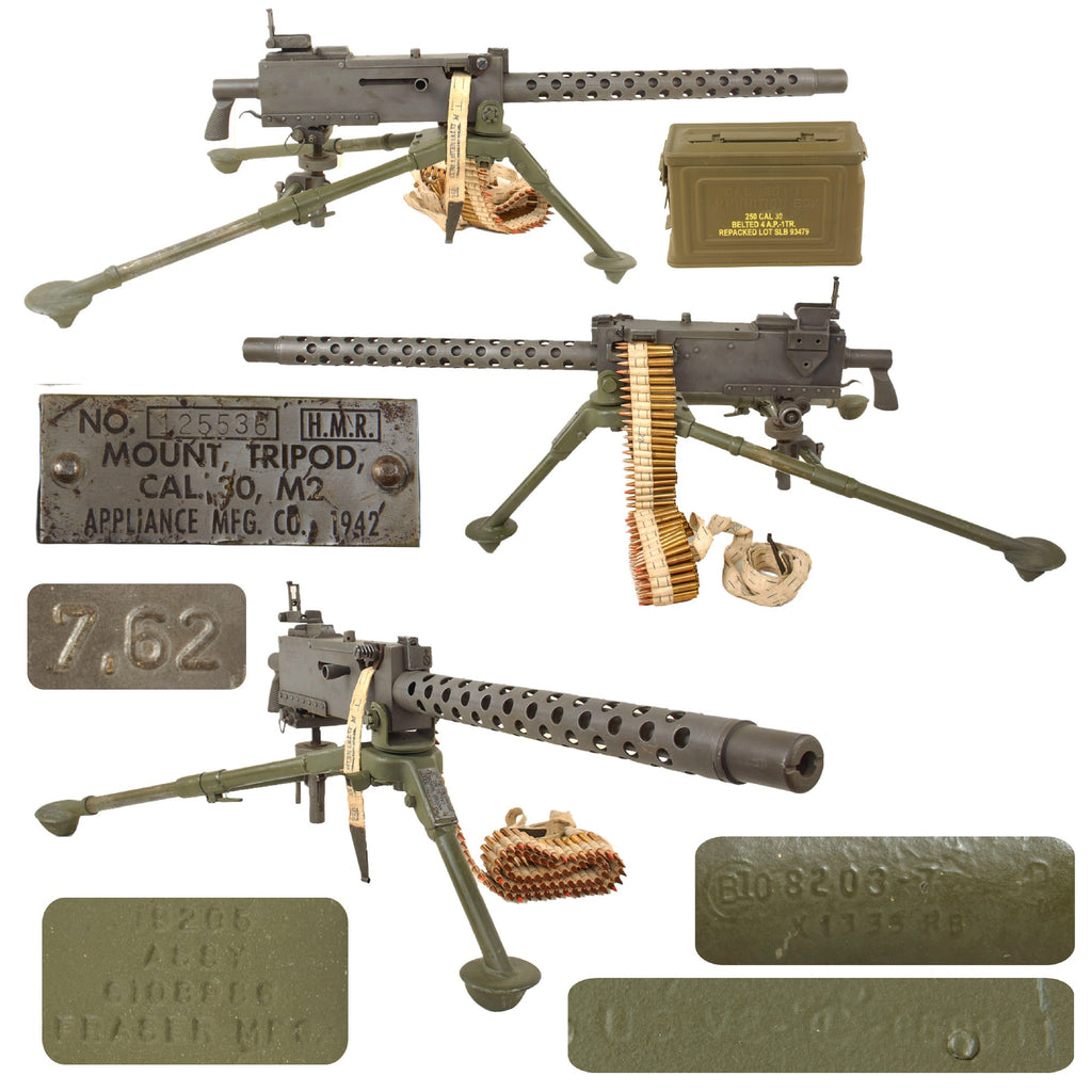 Original U.S. WWII Browning .30 Caliber M1919A4 Display Machine Gun with 1942 Dated Complete Tripod and Dummy Ammo Belt Original Items