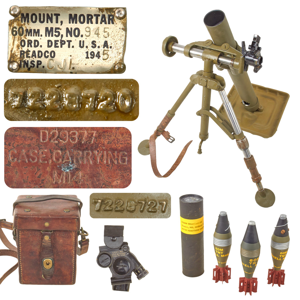 Original U.S. WWII M2 60mm Display Mortar System with 1945-Dated M5 Bipod, M4 Optical Sight with Case & Replica Mortar Rounds Original Items