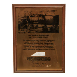 Original U.S. WWII Doolittle B-25 Bomber No. 7 “Ruptured Duck” Fragment Mounted on Plaque with Photo of Veteran Holding Plaque - Recovered from Island of Nantien in 1990