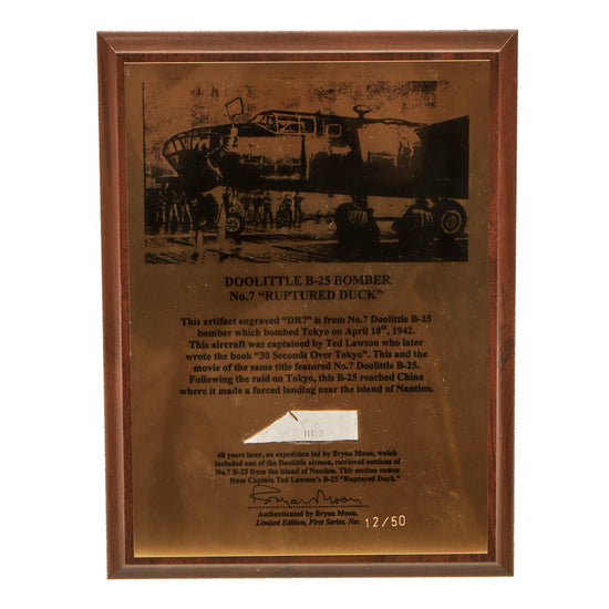 Original U.S. WWII Doolittle B-25 Bomber No. 7 “Ruptured Duck” Fragment Mounted on Plaque with Photo of Veteran Holding Plaque - Recovered from Island of Nantien in 1990 Original Items