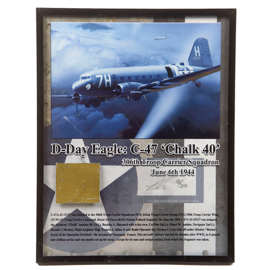 Original U.S. WWII D-Day Eagle C-47 “Chalk 40” Fragment from 306th Troop Carrier Squadron - Dropped Troops on D-Day - 18/20 - 8 ⅞ x 11 ⅜” Original Items