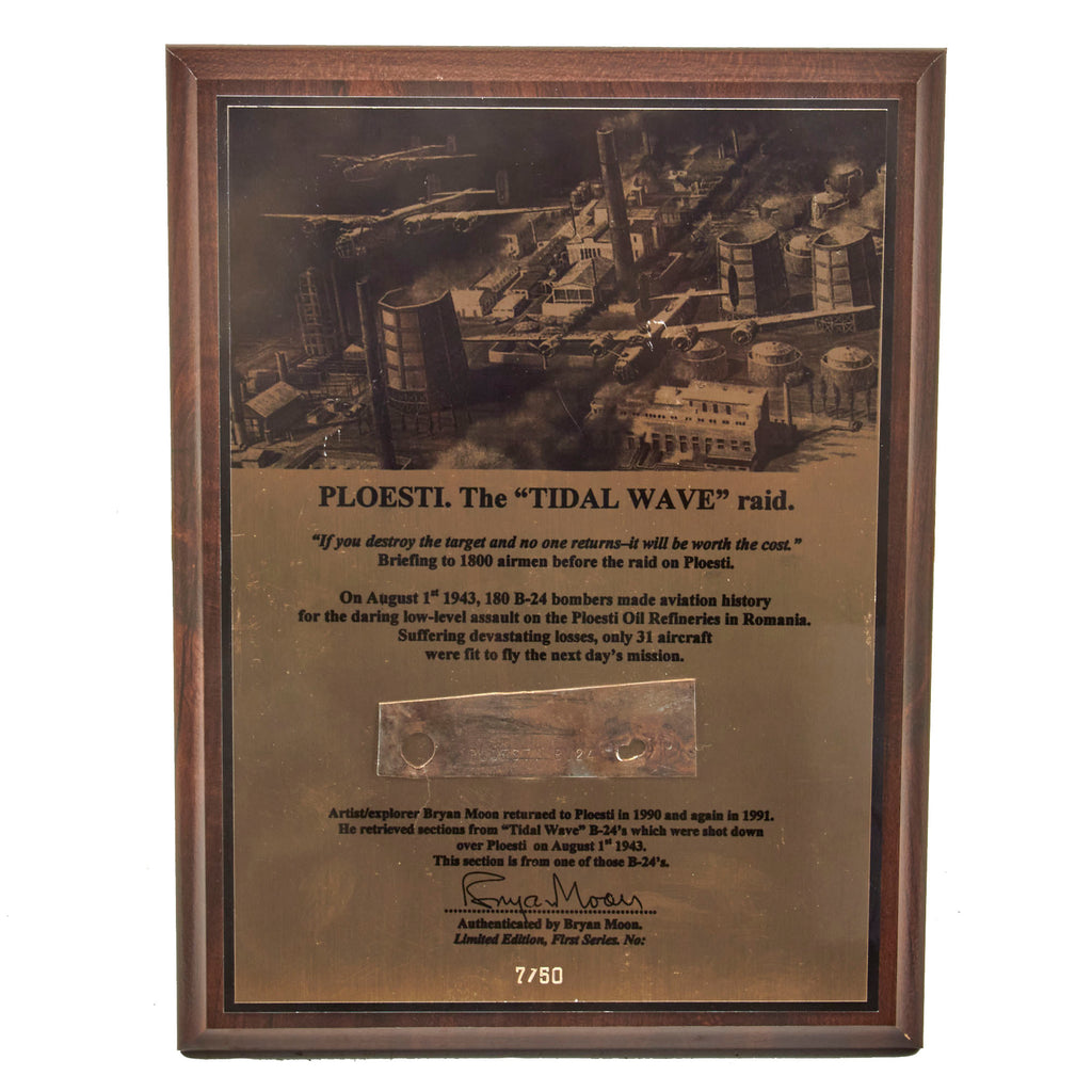 Original U.S. WWII Operation Tidal Wave Ploesti Raid B-24 Bomber Metal Fragment Recovered in 1991 on Display Plaque - 9 x 12” Original Items